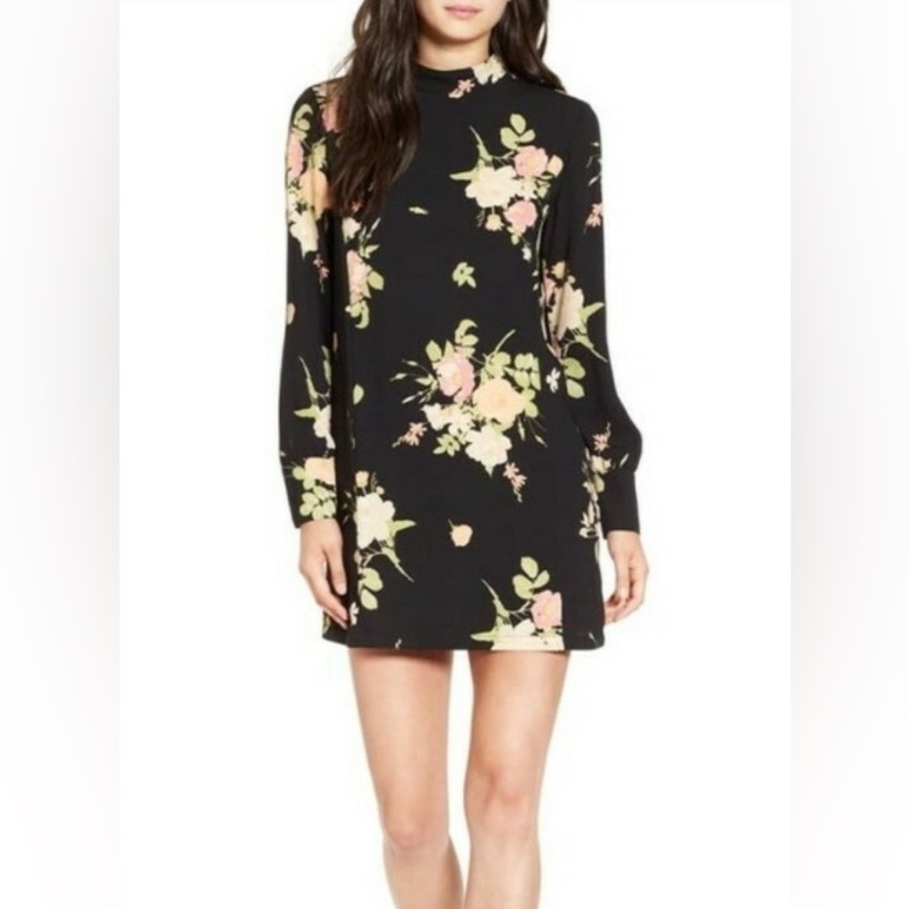 Leith Womens Size M Black Flower Print Long Sleeve Open Back Dress